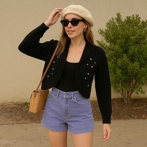 Vintage 80s Mohair Embellished Black Knit Cardigan S